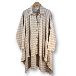 West Love Size S Button Up 100% Linen Jacket Beige Tan Stripe Lagenlook Coastal